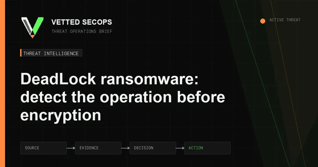Vetted SecOps diagram showing DeadLock ransomware activity from execution preparation through evidence suppression and encryption