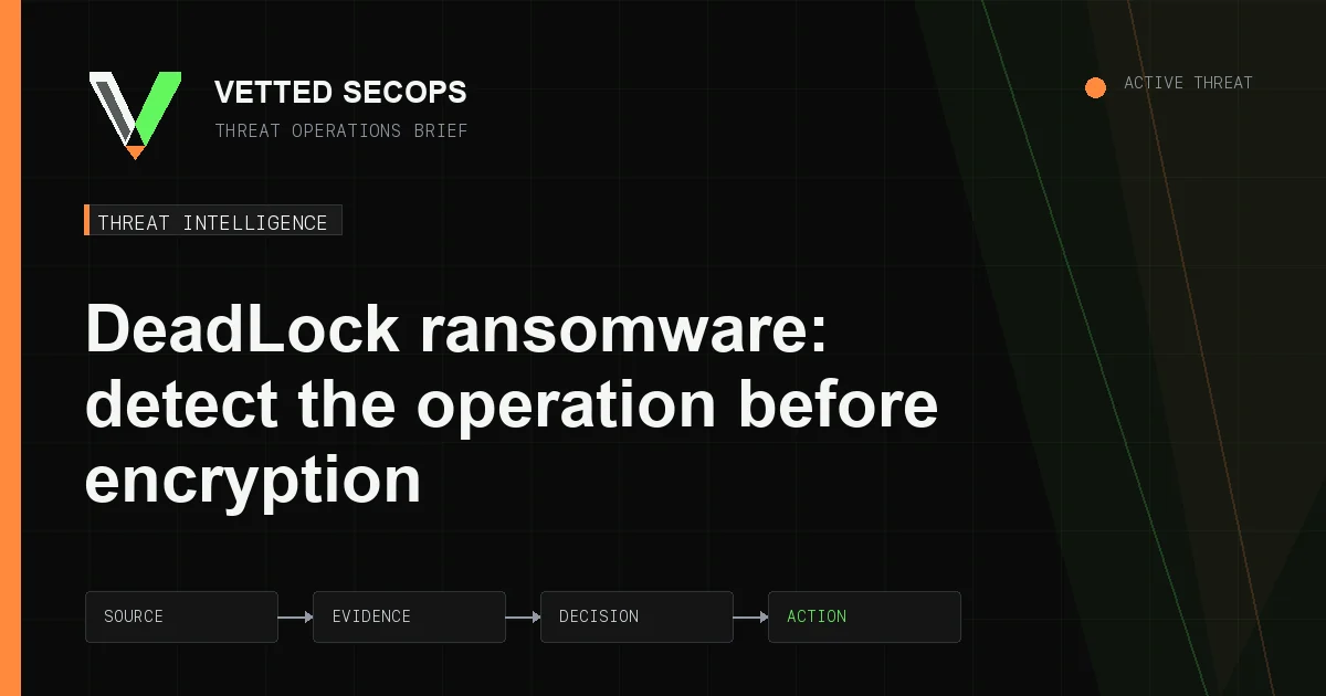 Vetted SecOps diagram showing DeadLock ransomware activity from execution preparation through evidence suppression and encryption
